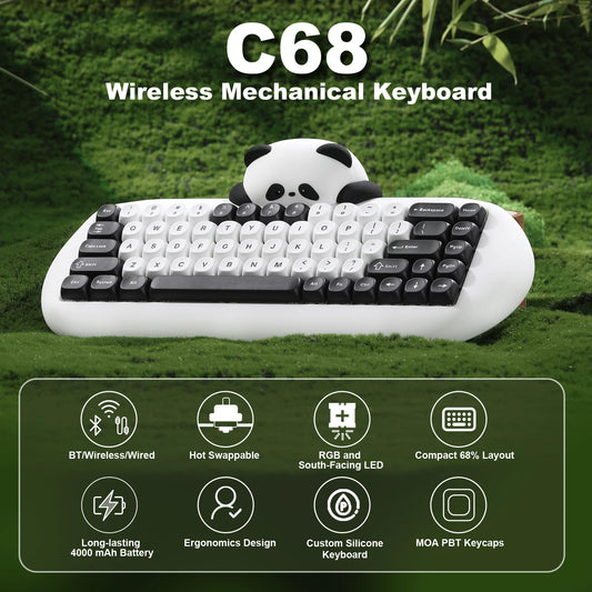 YUNZII C68 Panda Bluetooth Wireless Mechanical Gamer Keyboard, 65% Gaming Keyboard with Linear Switch&PBT Keycaps for PC/Tablets
